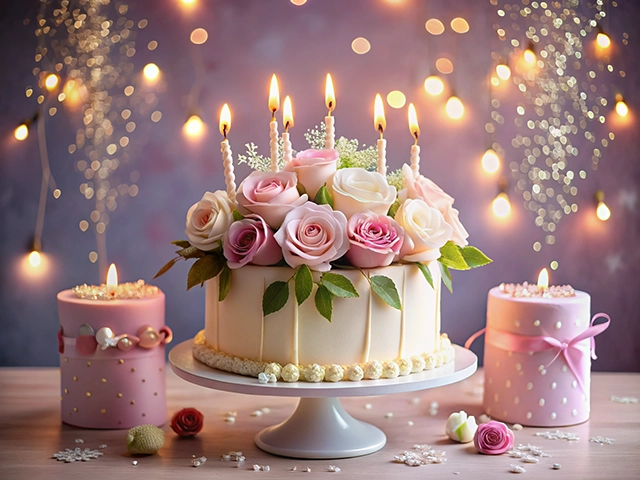 A beautifully decorated birthday cake topped with pastel roses and lit candles, surrounded by pink candles and decorative elements, set against a bokeh background.