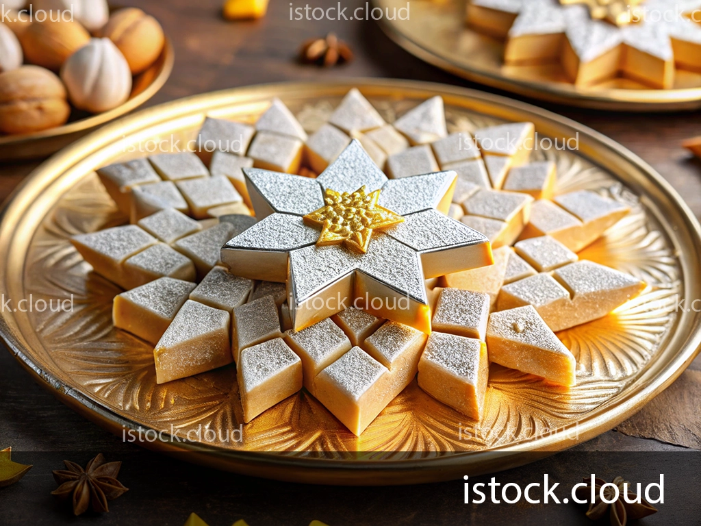 A beautifully arranged platter of decorative cashew barfi, a traditional indian sweet, with a golden metallic star on top. The sweets are delicately dusted with powdered sugar and sit on a shiny gold tray. Surrounding the tray are some whole nuts and star anise.