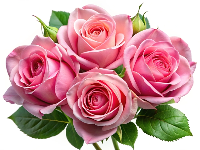 A close-up image of a bouquet containing four beautiful pink roses, surrounded by vibrant green leaves, set against a white background.