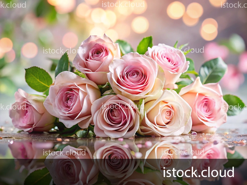 A bouquet of pale pink roses sits on a reflective surface, surrounded by soft bokeh lights and scattered decorative petals.