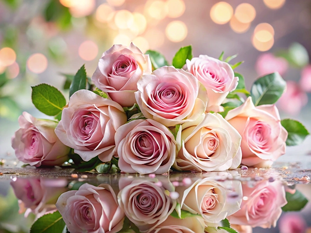 A bouquet of pale pink roses sits on a reflective surface, surrounded by soft bokeh lights and scattered decorative petals.