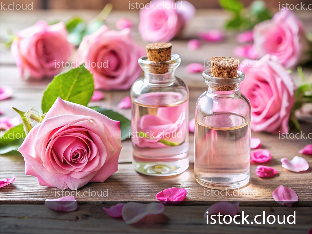 Two glass bottles with cork stoppers filled with rose essence are placed on a wooden surface. Surrounding the bottles are pink rose petals and a pink rose, creating a romantic and serene atmosphere.