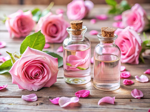 Two glass bottles with cork stoppers filled with rose essence are placed on a wooden surface. Surrounding the bottles are pink rose petals and a pink rose, creating a romantic and serene atmosphere.
