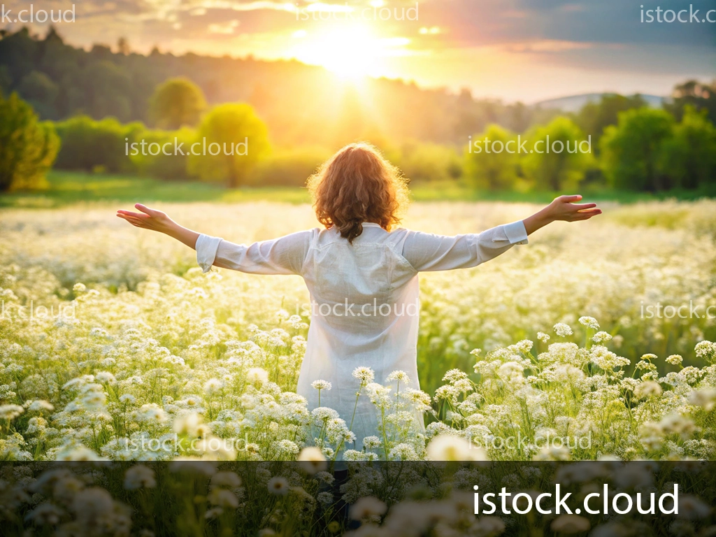 A woman with curly hair stands in a vibrant field of white flowers, arms outstretched towards a golden sunset. The sun casts a warm glow over the landscape, surrounded by green trees in the background.