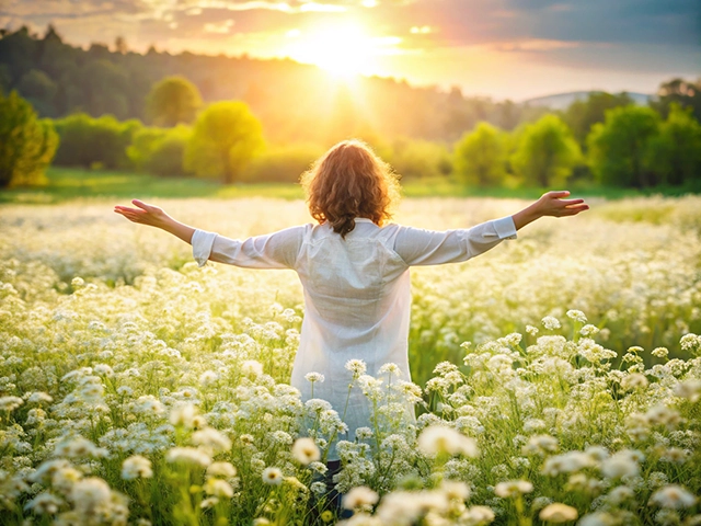 A woman with curly hair stands in a vibrant field of white flowers, arms outstretched towards a golden sunset. The sun casts a warm glow over the landscape, surrounded by green trees in the background.