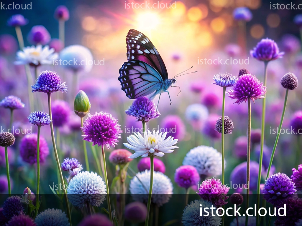 A vibrant butterfly perches delicately on a white flower surrounded by a field of colorful, purple, and white blossoms with the sun setting in the background, creating a dreamy ambiance.