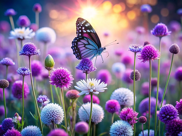 A vibrant butterfly perches delicately on a white flower surrounded by a field of colorful, purple, and white blossoms with the sun setting in the background, creating a dreamy ambiance.