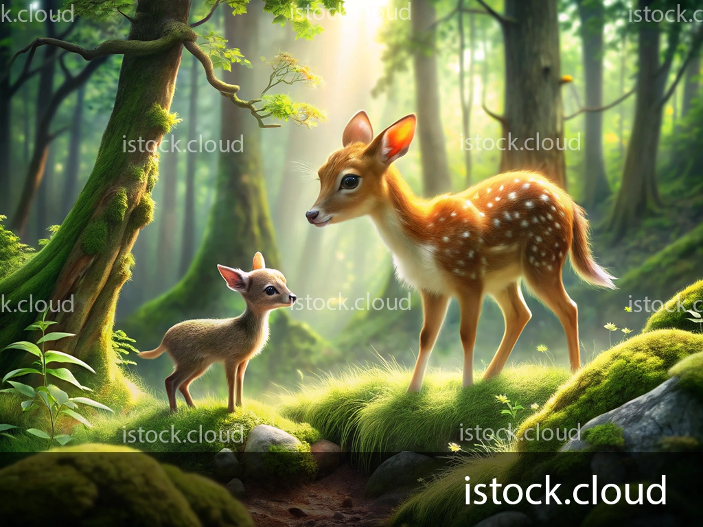A serene depiction of a young deer and its fawn exploring a lush, green forest. Soft sunlight filters through the trees, illuminating the vibrant moss and delicate flowers scattered across the forest floor.