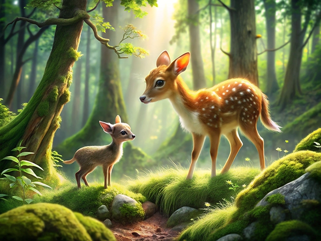 A serene depiction of a young deer and its fawn exploring a lush, green forest. Soft sunlight filters through the trees, illuminating the vibrant moss and delicate flowers scattered across the forest floor.