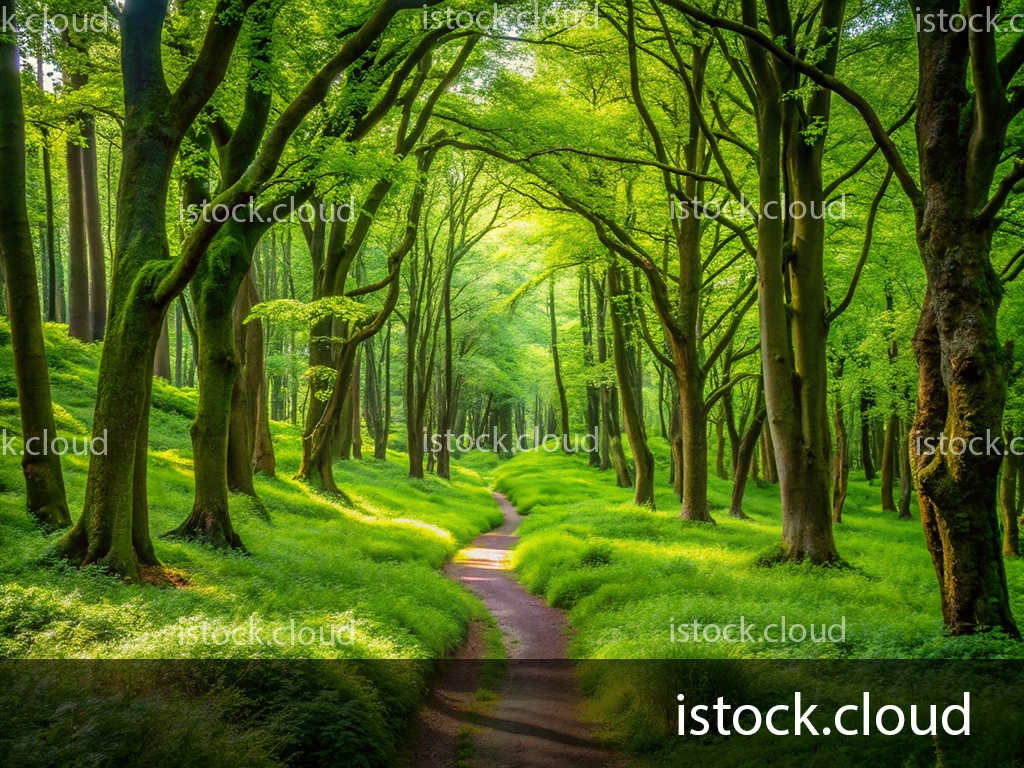 A serene pathway winding through a lush green forest, surrounded by tall trees and vibrant foliage, illuminated by soft sunlight filtering through the leaves.