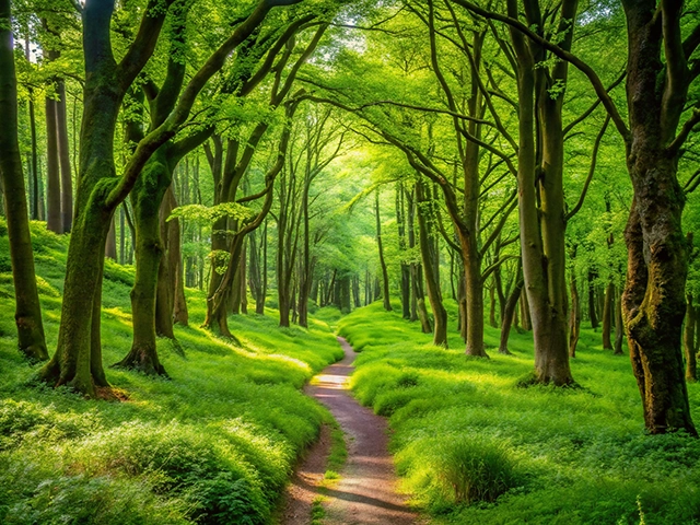 A serene pathway winding through a lush green forest, surrounded by tall trees and vibrant foliage, illuminated by soft sunlight filtering through the leaves.