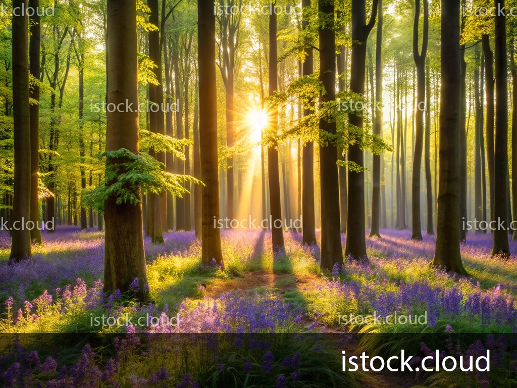 A serene forest scene illuminated by sunlight filtering through tall trees. The ground is covered with vibrant purple flowers, creating a picturesque landscape that radiates tranquility and natural beauty.