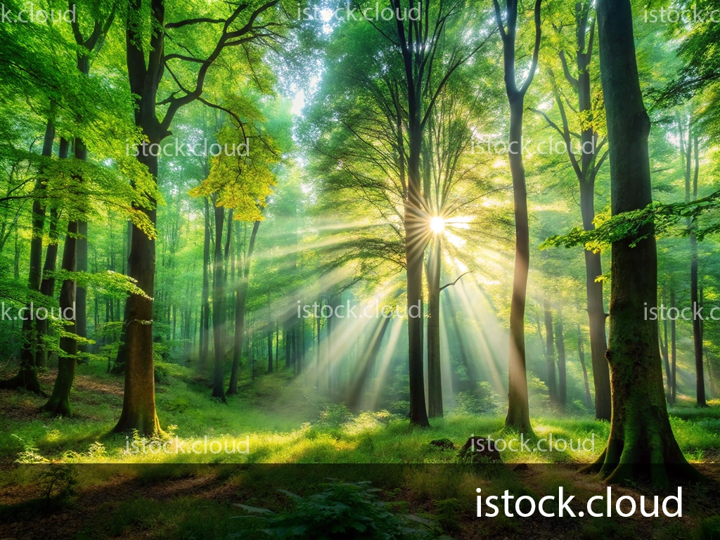 A serene forest scene with sunlight streaming through tall trees, illuminating greenery and creating a magical atmosphere.