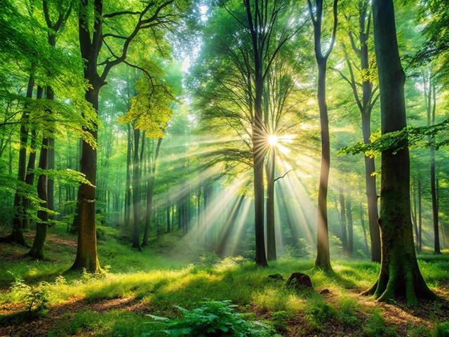 A serene forest scene with sunlight streaming through tall trees, illuminating greenery and creating a magical atmosphere.