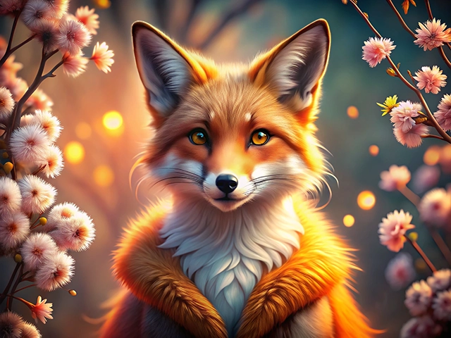A beautifully illustrated fox with bright orange fur and large, expressive eyes stands amidst delicate pink blossoms and soft, glowing lights, creating a magical atmosphere.