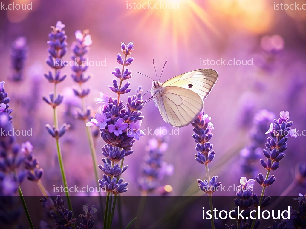 A delicate white butterfly perched on blooming lavender flowers in a softly colored field. The background features a gentle glow from a setting sun, casting a warm light over the scene.
