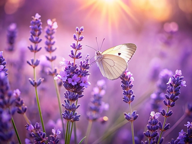 A delicate white butterfly perched on blooming lavender flowers in a softly colored field. The background features a gentle glow from a setting sun, casting a warm light over the scene.