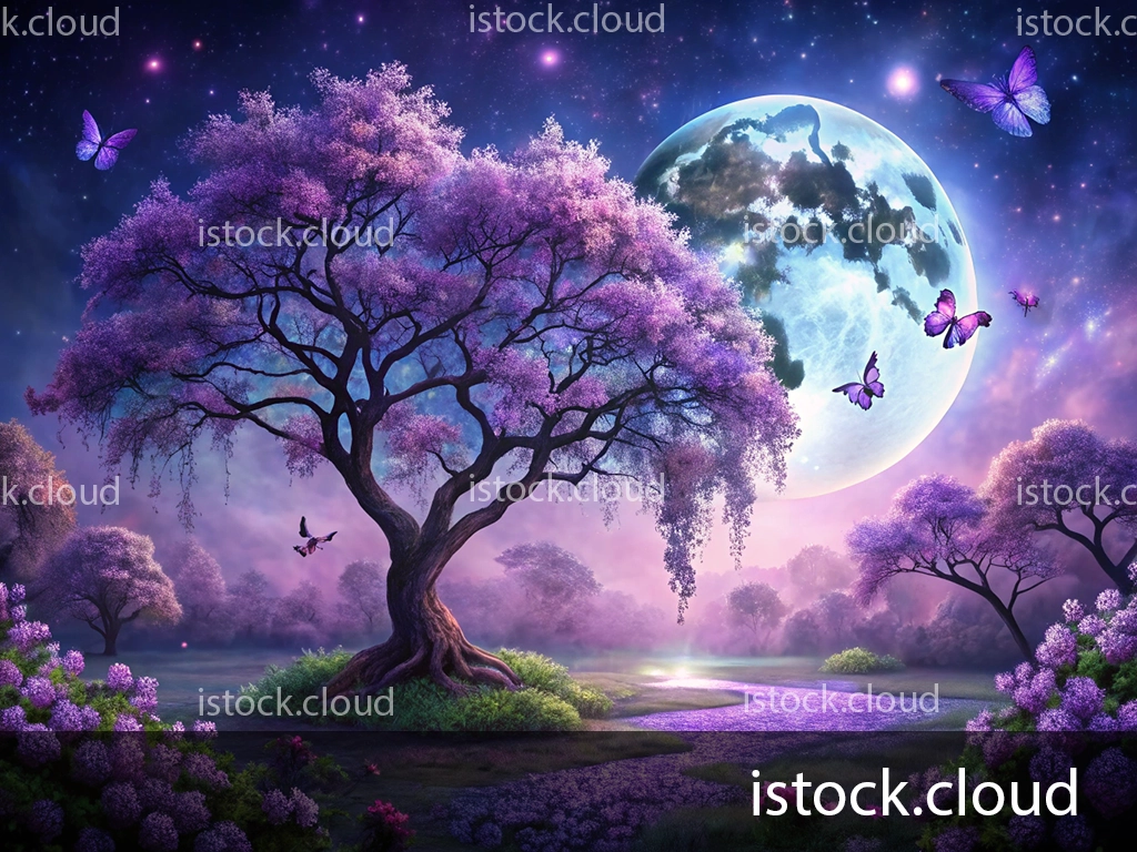A mystical landscape featuring a large purple tree under a glowing full moon, surrounded by purple flowers and butterflies flitting through the air, creating a serene and magical atmosphere.