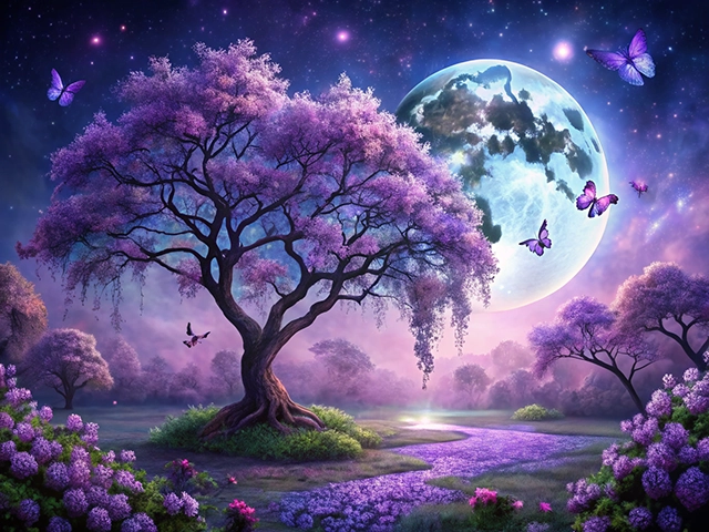 A mystical landscape featuring a large purple tree under a glowing full moon, surrounded by purple flowers and butterflies flitting through the air, creating a serene and magical atmosphere.