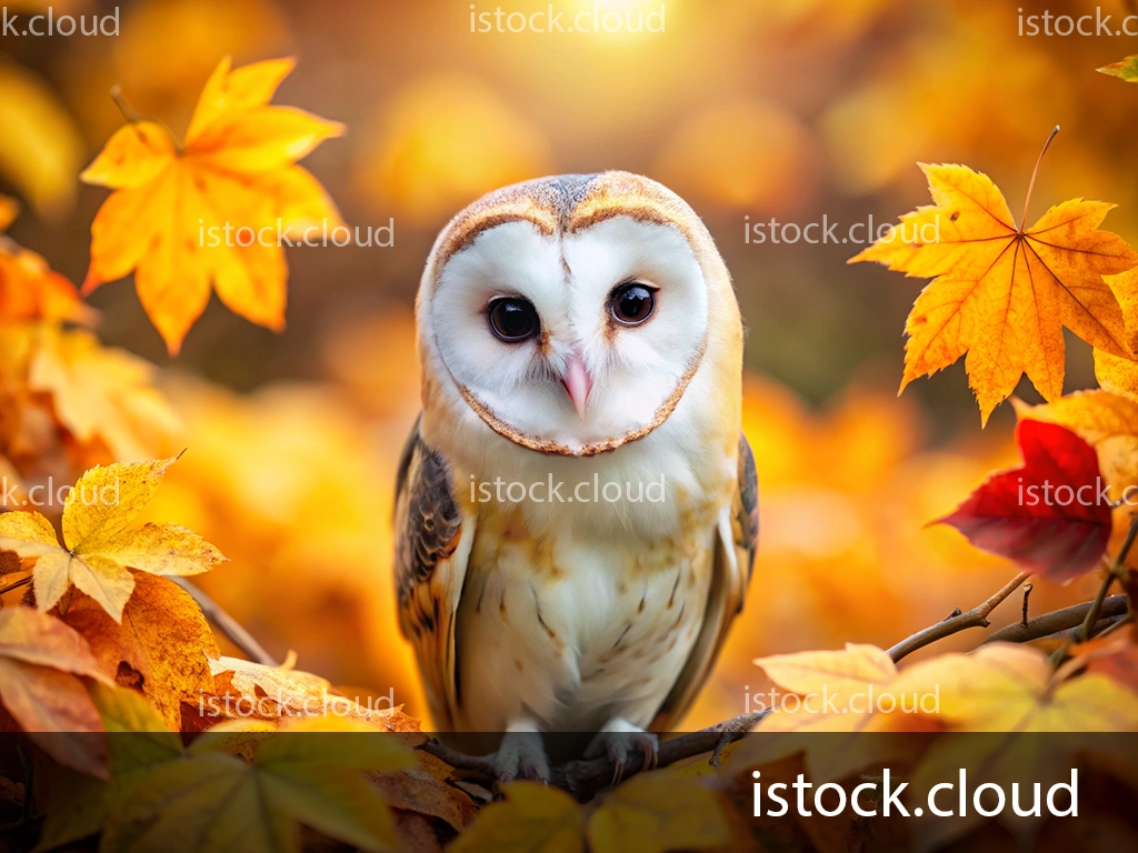A beautiful barn owl perched among vibrant autumn leaves in hues of orange and red, with a soft background that hints at a warm sunset.