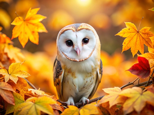 A beautiful barn owl perched among vibrant autumn leaves in hues of orange and red, with a soft background that hints at a warm sunset.