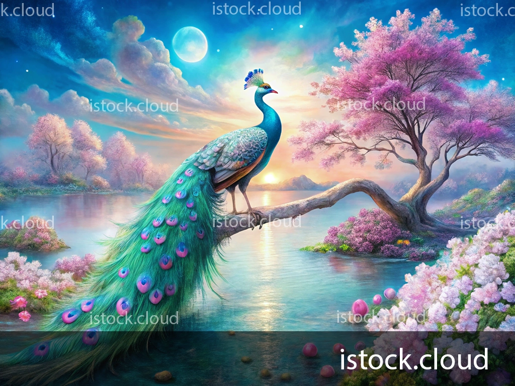 A magnificent peacock with vibrant, colorful feathers perched on a branch over a serene lake, surrounded by blooming pink trees and flowers. The sky is illuminated by a soft sunrise and a glowing moon.