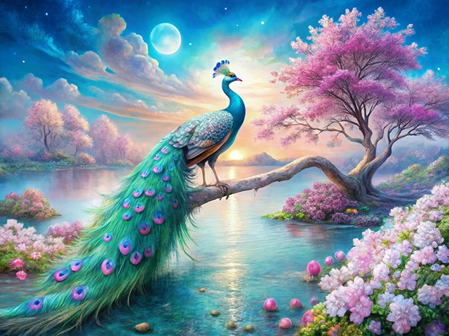 A magnificent peacock with vibrant, colorful feathers perched on a branch over a serene lake, surrounded by blooming pink trees and flowers. The sky is illuminated by a soft sunrise and a glowing moon.