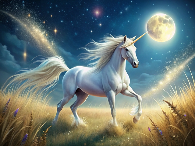 A majestic white unicorn with a flowing mane, trotting through golden grass under a starry sky and a glowing full moon. Sparkles and a comet added a magical atmosphere to the scene.