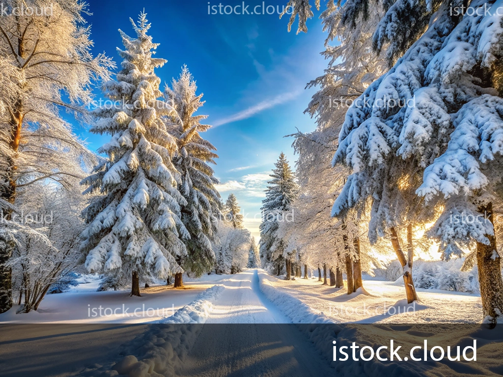 A serene winter landscape showcasing a snow-covered path surrounded by tall pine trees, glistening under a bright blue sky. Snow blankets the ground and branches, creating a picturesque scene.