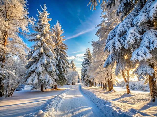 A serene winter landscape showcasing a snow-covered path surrounded by tall pine trees, glistening under a bright blue sky. Snow blankets the ground and branches, creating a picturesque scene.