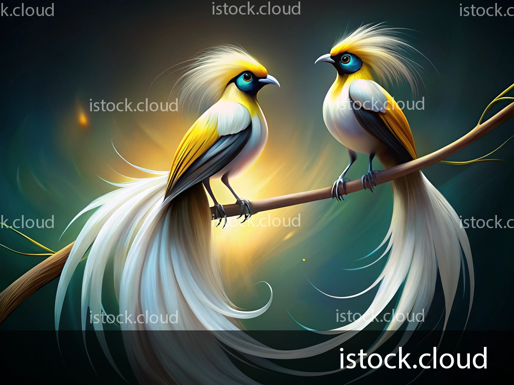 Two fantastical birds perched on a branch, featuring vibrant yellow and blue plumage and flowing white tails, set against a dark, luminous background.