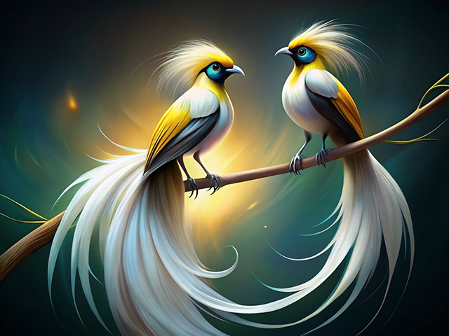 Two fantastical birds perched on a branch, featuring vibrant yellow and blue plumage and flowing white tails, set against a dark, luminous background.