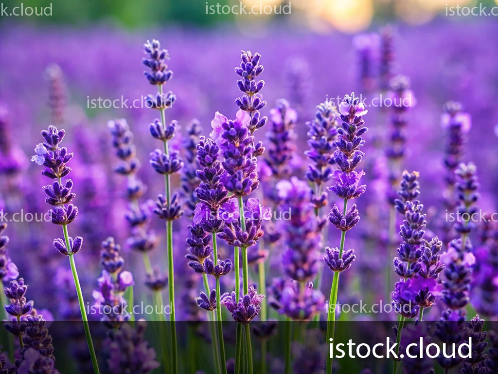 A close-up view of vibrant lavender flowers standing tall in a blooming field, with a soft sunset glow in the background casting a warm hue over the scene.