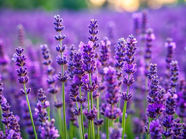 A close-up view of vibrant lavender flowers standing tall in a blooming field, with a soft sunset glow in the background casting a warm hue over the scene.