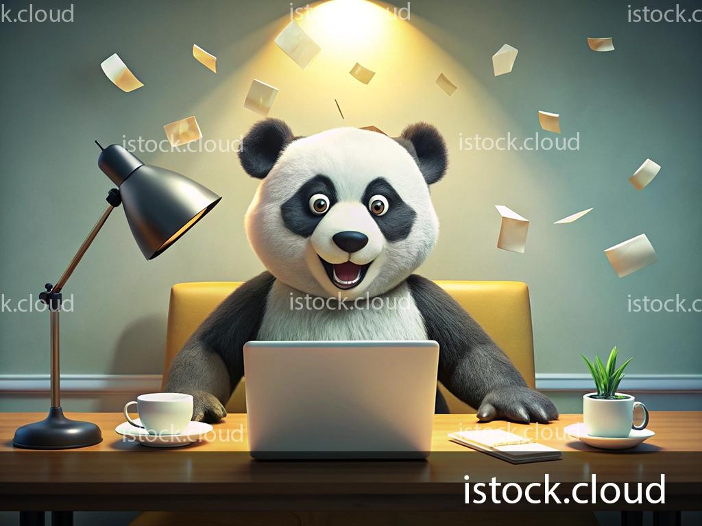 A cartoon panda seated at a desk with a laptop, smiling excitedly. Papers are flying around, and there's a desk lamp, a cup of coffee, and a small plant on the table.