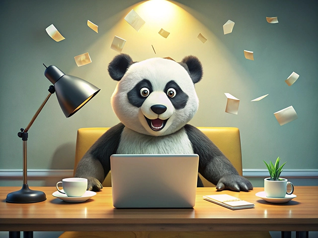 A cartoon panda seated at a desk with a laptop, smiling excitedly. Papers are flying around, and there's a desk lamp, a cup of coffee, and a small plant on the table.