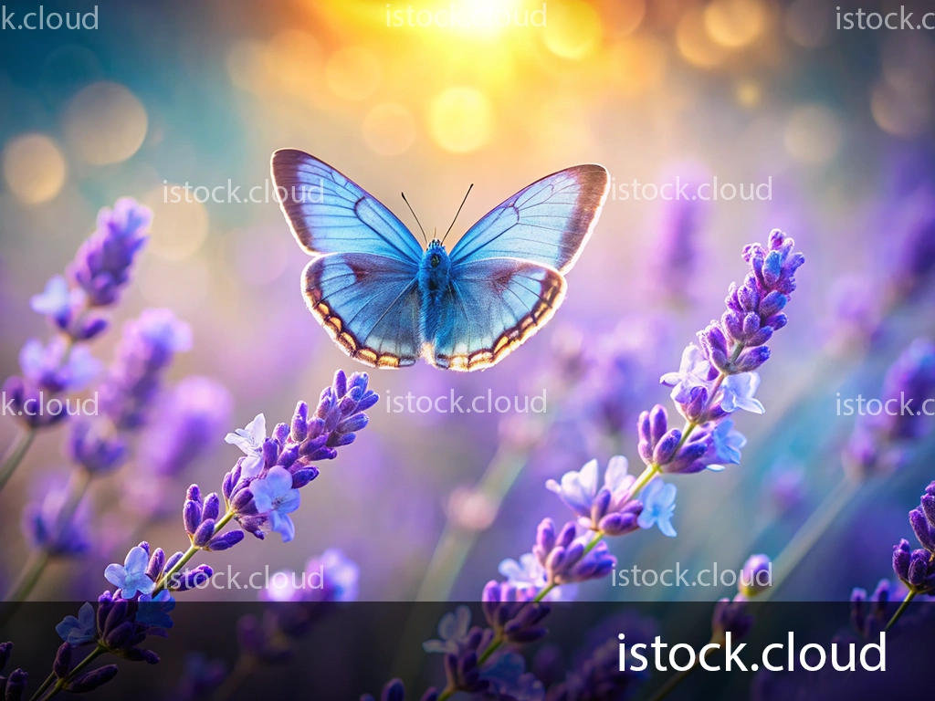 A vivid blue butterfly with intricate patterns perched on purple lavender flowers, set against a softly blurred background of warm sunlight.