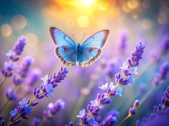 A vivid blue butterfly with intricate patterns perched on purple lavender flowers, set against a softly blurred background of warm sunlight.