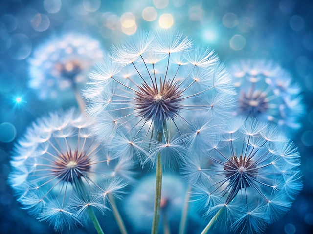 A close-up of a fluffy dandelion against a dreamy blue background, creating an enchanting atmosphere.