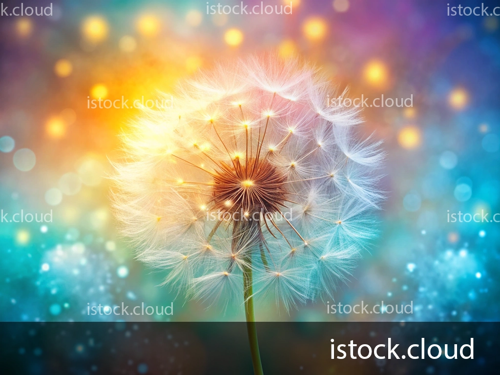 A close-up of a dandelion flower illuminated by colorful lights, set against a dreamy, blurred background of vibrant colors and bokeh effects.