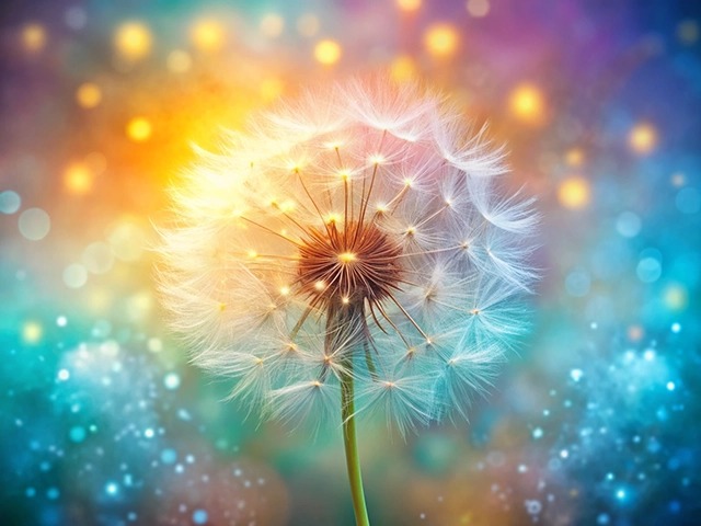 A close-up of a dandelion flower illuminated by colorful lights, set against a dreamy, blurred background of vibrant colors and bokeh effects.