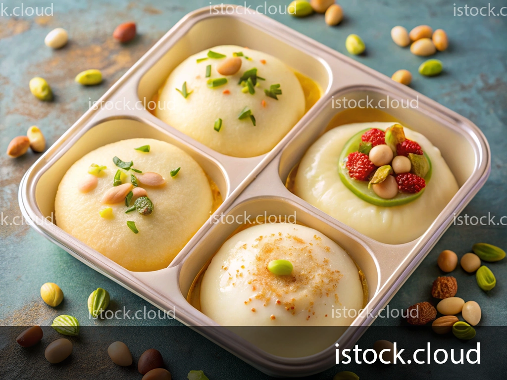 A beautifully arranged tray of four traditional sweets, each topped with different nuts and colorful garnishes. Surrounding the tray are various nuts, enhancing the presentation.