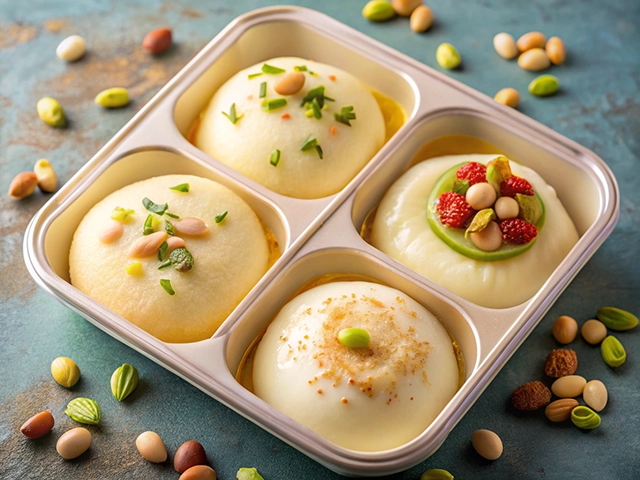 A beautifully arranged tray of four traditional sweets, each topped with different nuts and colorful garnishes. Surrounding the tray are various nuts, enhancing the presentation.