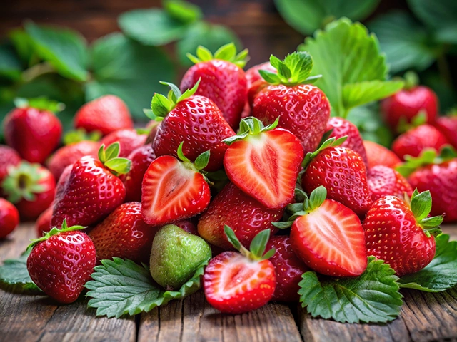 A vibrant pile of ripe strawberries with some sliced in half, resting on a wooden surface surrounded by green leaves.