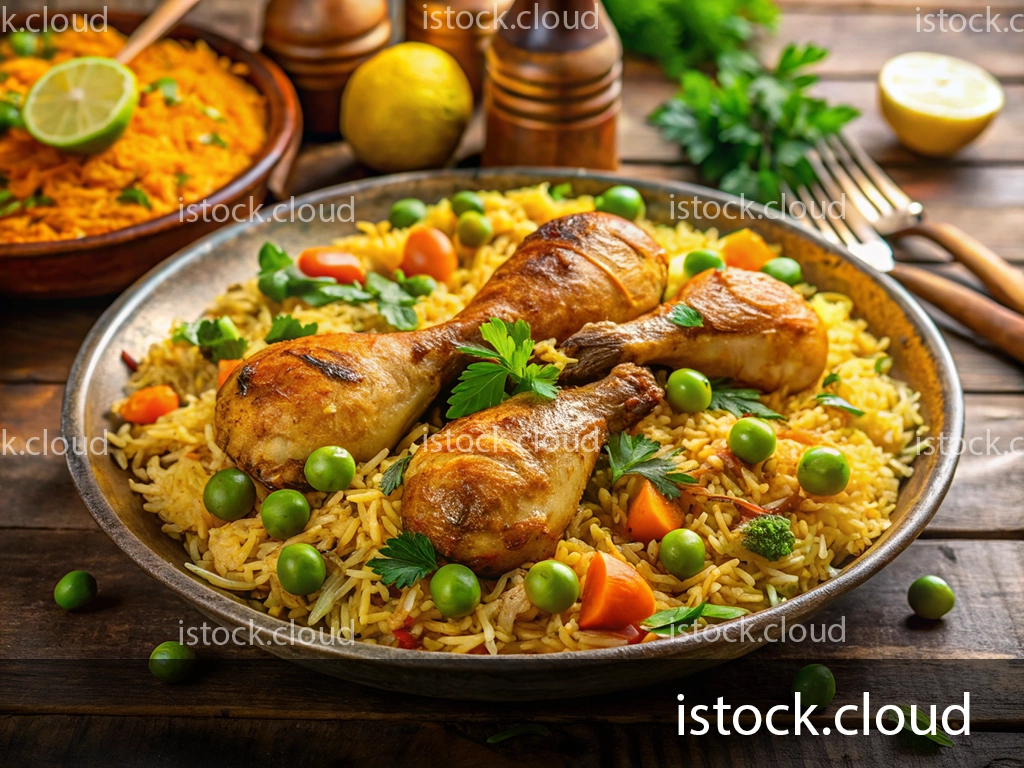 A beautifully arranged plate of chicken biryani with three pieces of chicken drumsticks served on a bed of yellow rice, garnished with green peas, carrots, and fresh parsley. In the background, there is a bowl of spiced rice and halved lime and lemon.