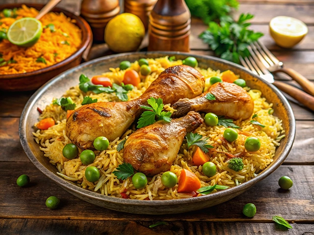 A beautifully arranged plate of chicken biryani with three pieces of chicken drumsticks served on a bed of yellow rice, garnished with green peas, carrots, and fresh parsley. In the background, there is a bowl of spiced rice and halved lime and lemon.