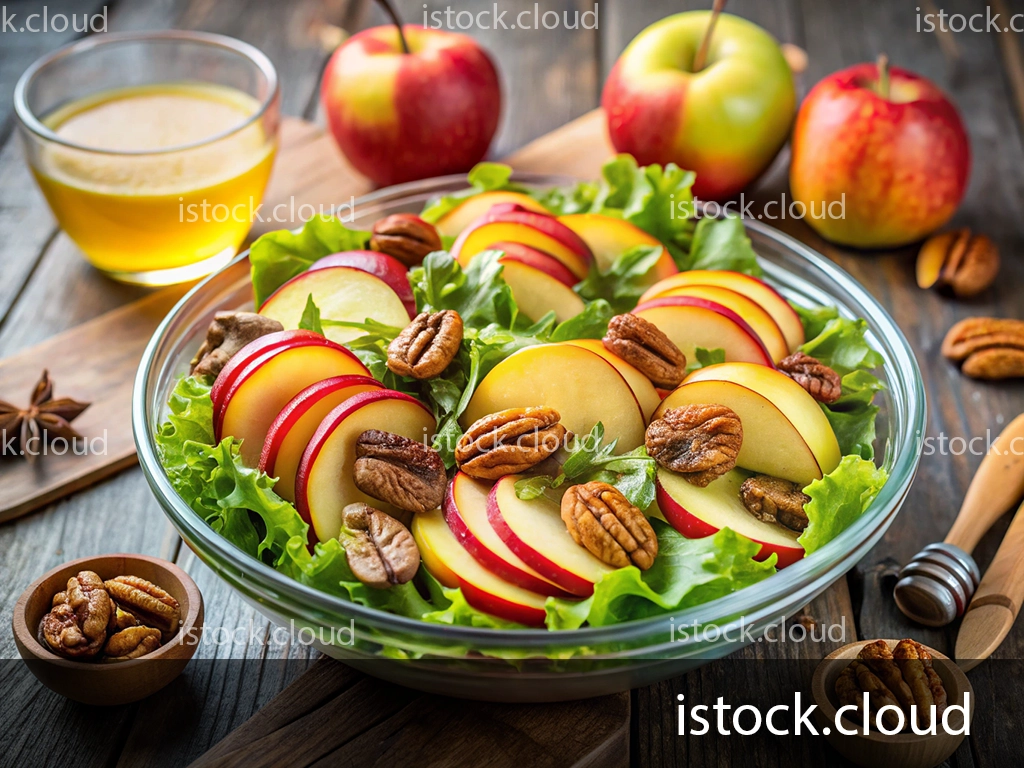 A colorful salad featuring sliced red apples, pecans, and fresh lettuce, served in a glass bowl alongside a glass of apple juice and whole apples. Wooden utensils are placed nearby.