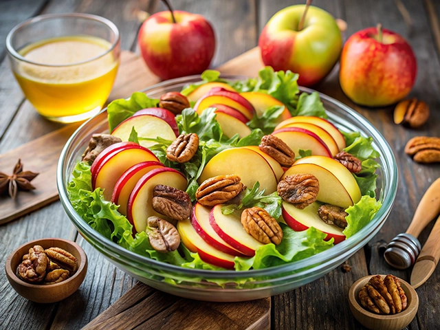 A colorful salad featuring sliced red apples, pecans, and fresh lettuce, served in a glass bowl alongside a glass of apple juice and whole apples. Wooden utensils are placed nearby.