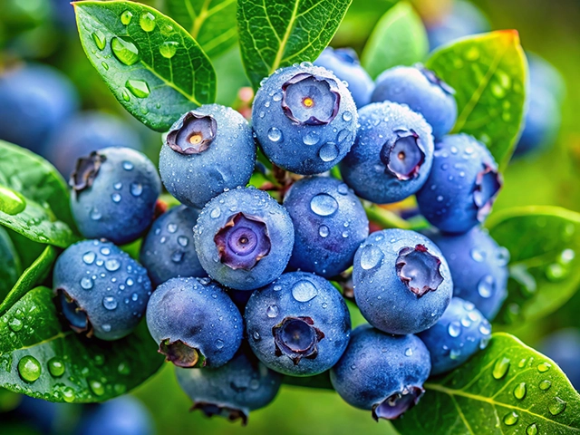 A close-up view of fresh blueberries on a branch, covered in raindrops, surrounded by vibrant green leaves.