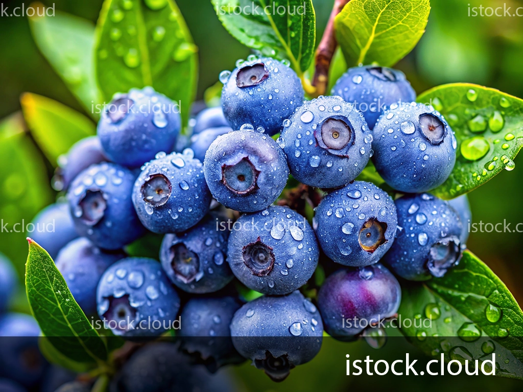 Close-up of a cluster of fresh blueberries glistening with dewdrops, surrounded by green leaves.